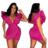 Women's Summer Sexy Deep V Short Sleeve Low Back Solid Color Dress
