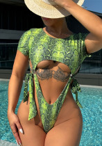 Snake Print Women's Round Neck Short Sleeve One Piece Bikini Swimsuit