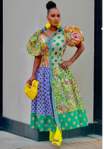 Summer Print Turndown Collar Puff Short Sleeve A-Line Dress