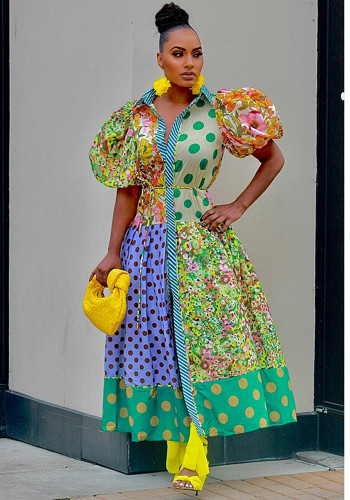 Summer Print Turndown Collar Puff Short Sleeve A-Line Dress