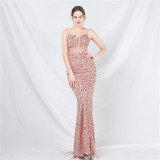 Luxury Strap Fishbone Slim Waist Mesh Sequin Evening Dress