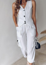 Women's Chic Elegant Solid Color Striped Button Vest Pocket Pants Two Piece Set Women's Chic Elegant Solid Color Striped Button Vest Pocket Pants Two Piece Set