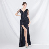 Luxury Sequin Rhinestone Chain Slit Long Evening Dress