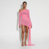 Spring Summer Fashion Women's Slash Shoulder Sexy Pleated Dress