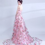 Pink Flower Lace Strapless Bride Wedding Formal Party Evening Dress（Processing time need 3-6 days）