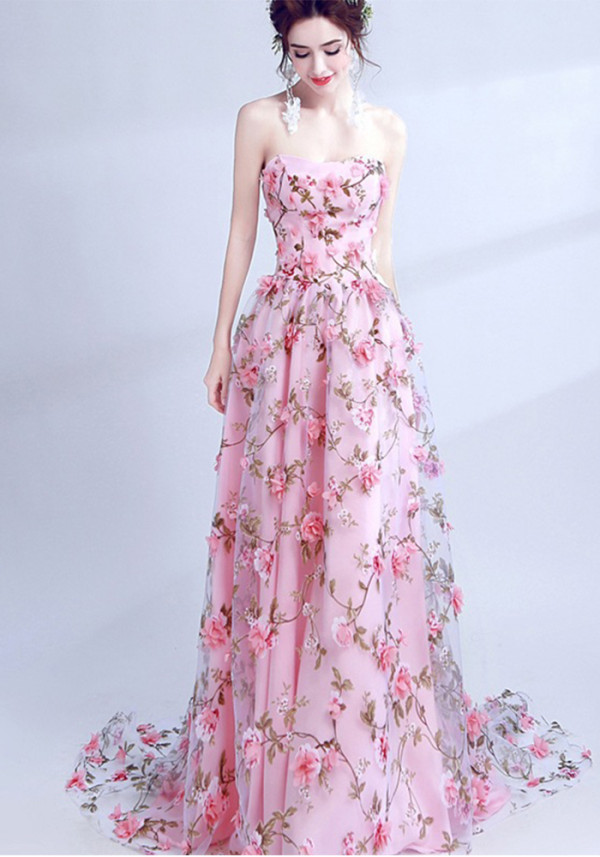 Pink Flower Lace Strapless Bride Wedding Formal Party Evening Dress(Processing time need 3-6 days)