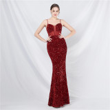 Luxury Strap Fishbone Slim Waist Mesh Sequin Evening Dress