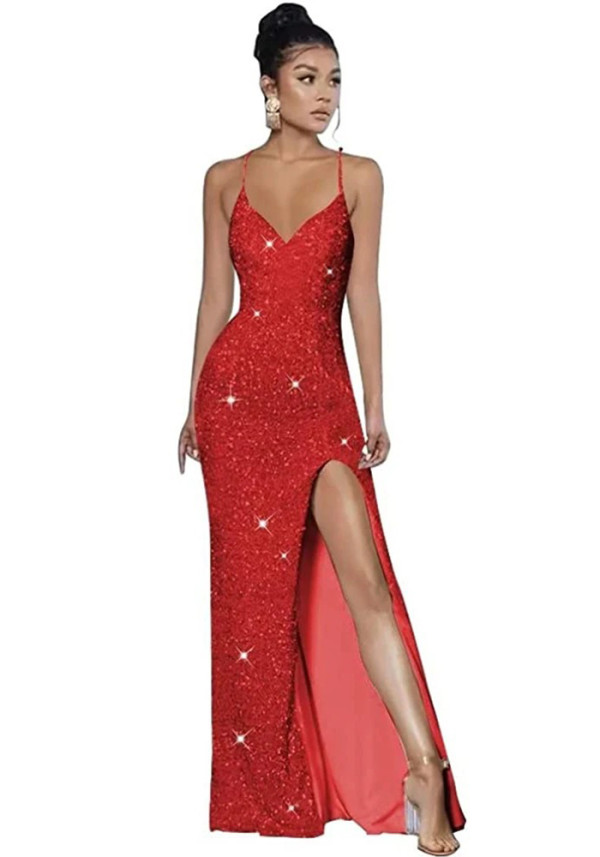 Sleeveless Backless Strap Red Deep V-Neck Sequin Dress(Processing time need 3-6 days)