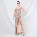 Luxury Sequin Fishbone Slim Waist Slit Evening Dress