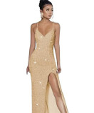 Sleeveless Backless Strap Red Deep V-Neck Sequin Dress（Processing time need 3-6 days）