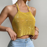 Sexy Nightclub Metallic Sparkling Diamonds Low Back Square Neck Camisole