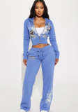 Women's Spring Autumn Print Tracksuit Long Sleeve Hooded Sports Two Piece Pants Set