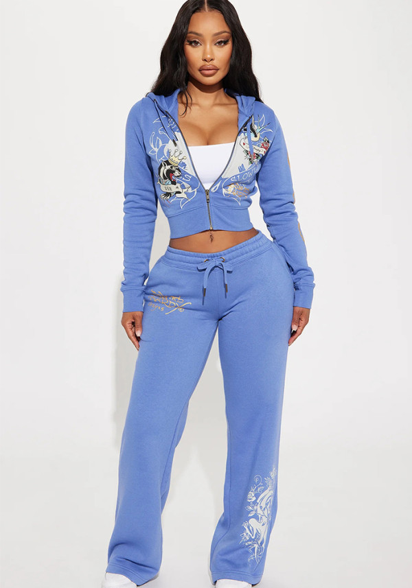 Women's Spring Autumn Print Tracksuit Long Sleeve Hooded Sports Two Piece Pants Set