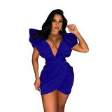 Women's Summer Sexy Deep V Short Sleeve Low Back Solid Color Dress