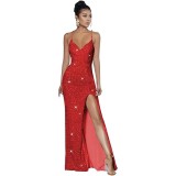 Sleeveless Backless Strap Red Deep V-Neck Sequin Dress（Processing time need 3-6 days）