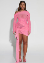 Spring Summer Fashion Women's Slash Shoulder Sexy Pleated Dress