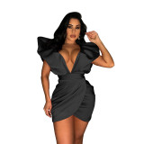 Women's Summer Sexy Deep V Short Sleeve Low Back Solid Color Dress