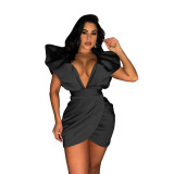 Women's Summer Sexy Deep V Short Sleeve Low Back Solid Color Dress