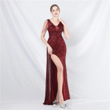 Luxury Sequin Rhinestone Chain Slit Long Evening Dress