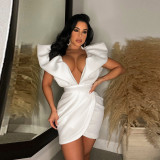 Women's Summer Sexy Deep V Short Sleeve Low Back Solid Color Dress