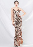 Luxury Sequin Strap Mermaid Gown Elegant Long Evening Dress