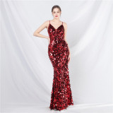 Luxury Sequin Strap Mermaid Gown Elegant Long Evening Dress