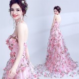 Pink Flower Lace Strapless Bride Wedding Formal Party Evening Dress（Processing time need 3-6 days）