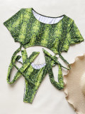 Snake Print Women's Round Neck Short Sleeve One Piece Bikini Swimsuit