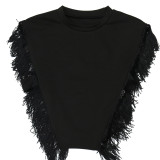Fashionable Casual Solid Color Tassel Feminine Round Neck Top And Shorts Two-Piece Set