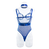 Women mesh mesh metal Halter Neck Bodysuit sexy lingerie two-piece set