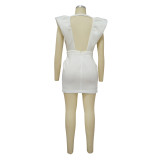 Women's Summer Sexy Deep V Short Sleeve Low Back Solid Color Dress