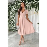 Women Career Solid V neck Puff Sleeve Dress