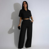 Women's Summer Fashion Turndown Collar Short Sleeve High Waisted Wide Leg Two Piece Pants Set