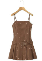 Women Summer French sexy belted pleated printed suspender dress Women Summer French sexy belted pleated printed suspender dress