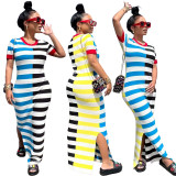 Women Round Neck Short Sleeve Slit Patchwork Striped Dress