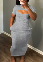Women Cut Out Short Sleeve Ribbed Long Dress