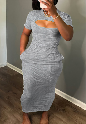 Women Cut Out Short Sleeve Ribbed Long Dress