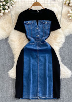 Women Short Sleeve Round Neck Denim Patchwork Casual dress