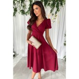 Women Career Solid V neck Puff Sleeve Dress