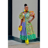 Summer Print Turndown Collar Puff Short Sleeve A-Line Dress
