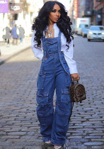 Women style washed Denim loose cargo overalls