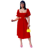 Women Solid U Neck Lantern Short Sleeve Irregular Dress