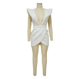 Women's Summer Sexy Deep V Short Sleeve Low Back Solid Color Dress