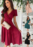 Women Career Solid V neck Puff Sleeve Dress