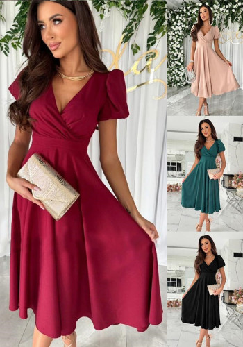 Women Career Solid V neck Puff Sleeve Dress