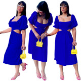 Women Solid U Neck Lantern Short Sleeve Irregular Dress