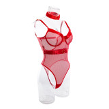 Women mesh mesh metal Halter Neck Bodysuit sexy lingerie two-piece set