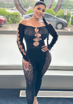 Sexy Off Shoulder Hollow See Through Mesh Long Sleeve Slim Nightclub Jumpsuit