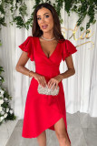 Women Summer Career Solid V neck Ruffle Sleeve Dress