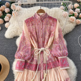 Women Stand Collar Balloon Sleeve Printed Dress